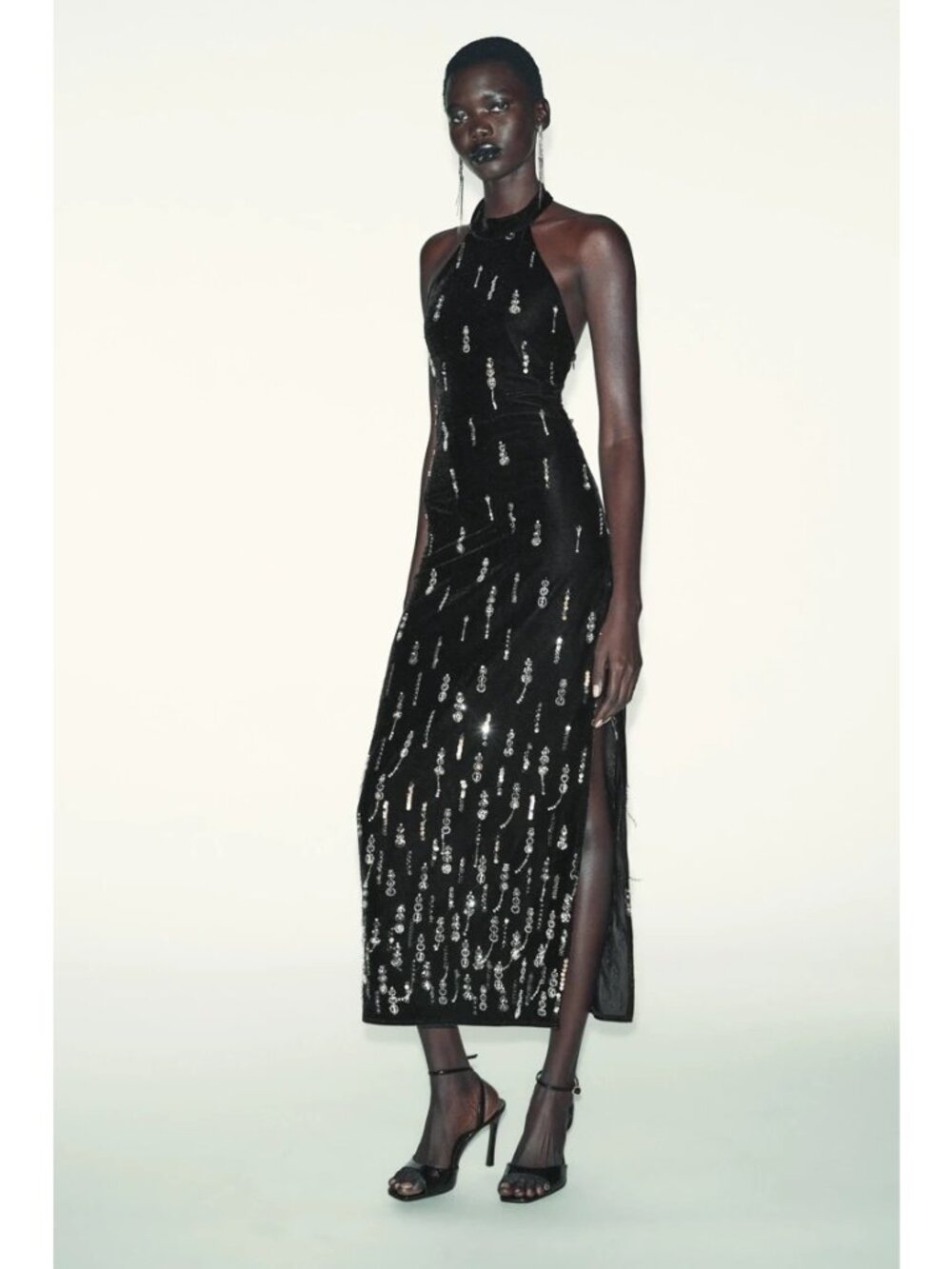 Zara Womens Sequin Dress Beaded Velvet Halter Small Black Open Back 2157/247 NWT